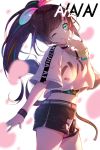  1girl ;) a.i._channel black_shorts bracelet brown_hair choker cowboy_shot floating_hair green_eyes head_tilt highlights highres jewelry kizuna_ai long_hair midriff multicolored_hair one_eye_closed sanasedayo shirt short_shorts short_sleeves shorts smile solo standing stomach very_long_hair virtual_youtuber white_shirt wristband 