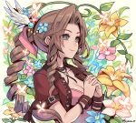 1girl aerith_gainsborough black_ribbon blue_eyes blue_flower breasts brown_hair bug butterfly cleavage closed_mouth cropped_jacket drill_hair eyebrows_visible_through_hair eyes_visible_through_hair final_fantasy final_fantasy_vii final_fantasy_vii_remake fingers_together flower fujimaru_(green_sparrow) hair_flower hair_intakes hair_ornament hair_ribbon hands_clasped insect jacket jewelry long_hair medium_breasts necklace open_clothes open_jacket own_hands_together pink_flower puffy_short_sleeves puffy_sleeves red_jacket ribbon short_sleeves smile solo upper_body yellow_flower 