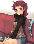  1girl between_legs black_sweater blue_bra blue_panties blue_skirt blush bra bra_removed braid braided_ponytail brown_eyes brown_hair embarrassed freckles hand_between_legs isuzu_(log_horizon) log_horizon long_hair long_sleeves looking_at_viewer miniskirt mo_(deciliter) panties panties_removed side_slit simple_background single_braid sketch skirt solo sweater underwear very_long_hair white_background 