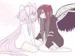  2girls absurdly_long_hair akemi_homura akuma_homura angel_wings bangs bare_legs between_legs black_hair black_jacket demon_wings expressionless eyebrows_visible_through_hair feathered_wings flat_chest full_body hair_between_eyes hair_over_one_eye hair_ribbon hand_between_legs hood hood_down hooded_jacket jacket kaname_madoka long_hair long_sleeves looking_at_another mahou_shoujo_madoka_magica mahou_shoujo_madoka_magica_movie multiple_girls parted_lips pink_hair pokki_(sue_eus) purple_eyes red_ribbon ribbon seiza short_twintails simple_background sitting twintails ultimate_madoka very_long_hair white_background white_jacket white_ribbon wings yellow_eyes 
