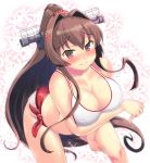  1girl bikini breasts brown_hair cherry_blossoms cleavage collarbone commentary_request cowboy_shot floral_background flower hair_flower hair_intakes hair_ornament hase_yu headgear kantai_collection large_breasts leaning_forward long_hair ponytail red_eyes red_sarong sarong solo swimsuit wet white_background white_bikini yamato_(kantai_collection) 