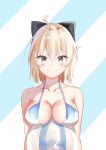  :&gt; absurdres ahoge ball bangs bare_shoulders beachball bikini_top black_bow black_eyes blonde_hair blush bow breast_lift breasts cleavage closed_mouth collarbone fate/grand_order fate_(series) hair_between_eyes hair_bow highres looking_at_viewer medium_breasts okita_souji short_hair smug striped striped_background two-tone_background upper_body v-shaped_eyebrows yashima_roi 