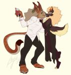  alcohol anthro beverage canid canine clothed clothing drinking_glass duo felid feline female fur hair male male/female mammal smile standing teil wine 