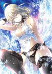  1girl ahoge arm_behind_back arm_behind_head black_legwear black_panties blonde_hair breasts choker cleavage collarbone cosplay dutch_angle eyebrows_visible_through_hair fate/grand_order fate_(series) floating_hair garter_belt hair_between_eyes highres jeanne_d&#039;arc_(alter)_(fate) jeanne_d&#039;arc_(fate)_(all) kobayashi_yoshitaka large_breasts long_hair looking_at_viewer navel panties see-through_silhouette sideboob sitting smile snowflakes solo thighhighs underwear yellow_eyes 