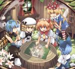  6+girls american_flag_dress american_flag_legwear antennae black_hair blonde_hair blue_dress blue_eyes blue_hair bow butterfly_wings chestnut_mouth cirno clownpiece cup curtains dress drill_hair eternity_larva fairy fairy_wings flower frying_pan green_dress hair_bow hair_ornament hat houshiruri ice ice_wings jester_cap ladder leaf leaf_hair_ornament leaf_on_head luna_child map multiple_girls neck_ruff red_eyes star_sapphire sunny_milk tagme toaster touhou tree_stump white_dress white_headwear window wings wooden_wall yellow_eyes yellow_wings 