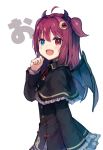  :d black_capelet black_dress black_wings blue_eyes blush capelet crescent crescent_hair_ornament demon_girl demon_horns demon_wings dress fang frilled_capelet frills hair_ornament hand_up heterochromia horns long_hair long_sleeves looking_away looking_to_the_side neck_ribbon nijisanji open_mouth red_eyes red_hair red_ribbon ribbon roll_okashi simple_background smile translation_request two_side_up upper_body virtual_youtuber white_background wings yuzuki_roa 