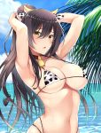  1girl animal_ears animal_print armpits arms_up bangs beach bell bell_choker bikini black_hair blue_sky blush breasts choker cleavage cloud collarbone cow_bell cow_ears cow_print day eyebrows_visible_through_hair hair_between_eyes high_ponytail highleg highleg_bikini highres idolmaster idolmaster_shiny_colors inuzumi_masaki jewelry large_breasts long_hair looking_at_viewer multi-strapped_bikini navel necklace ocean open_mouth outdoors palm_tree ponytail shirase_sakuya skindentation sky smile solo stomach swimsuit tree upper_body wet yellow_eyes 