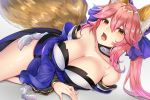 1girl animal_ear_fluff animal_ears bangs bare_shoulders blue_kimono blush bow breasts cleavage collarbone fate/extra fate_(series) fox_ears fox_girl fox_tail gakuon_(gakuto) hair_between_eyes hair_bow japanese_clothes kimono large_breasts long_hair looking_at_viewer open_mouth pink_hair sidelocks simple_background solo tail tamamo_(fate)_(all) tamamo_no_mae_(fate) white_background yellow_eyes 