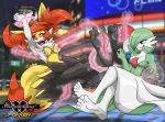  2016 5_toes absurd_res anthro blush braixen breasts brush canid canine duo feathers feet female fur gardevoir hair hi_res humanoid inner_ear_fluff mammal mostlyfunstuff nintendo open_mouth pok&eacute;mon pok&eacute;mon_(species) pokk&eacute;n_tournament soles solo tagme tickling toes video_games 