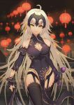  1girl alternate_costume bikuwa breasts china_dress chinese_clothes closed_mouth commentary_request cowboy_shot detached_sleeves dress fate/grand_order fate_(series) fingerless_gloves gloves headpiece jeanne_d&#039;arc_(alter)_(fate) jeanne_d&#039;arc_(fate)_(all) lantern large_breasts long_hair solo sword thighhighs tsurime urban weapon yellow_eyes 