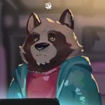  2019 anthro brown_fur canid canine clothing cyanroll fur hi_res hoodie male mammal raccoon_dog shirt solo tanuki topwear 