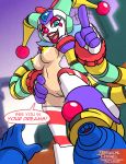  1girl aeolus06 arm_cannon blue_eyes boots breasts breasts_outside capcom clown clown_man exposed_breasts exposed_pussy facepaint female female_focus femdom genderswap giggles_the_slutty_clown irregular_fetishes lips lipstick long_arms looking_at_viewer makeup male male_pov mega_man mega_man_(character) motion_lines navel nipples open_mouth outdoors pov pussy red_nose robot robot_girl rockman rockman_(character) rockman_(classic) rule_63 speech_bubble striped striped_legwear teeth vagina weapon 