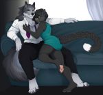  anthro belt canid canine canis clothed clothing duo felid feline female fur hair inside leopard looking_at_viewer male mammal necktie pantherine redpixie sitting smile whiskers wolf 