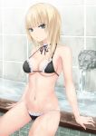 1girl bangs bare_arms bare_shoulders bikini black_bikini blonde_hair blue_eyes breasts coffee-kizoku commentary_request eyebrows_visible_through_hair frilled_bikini_top frills highres long_hair looking_at_viewer medium_breasts navel original parted_lips sitting solo swimsuit tile_wall tiles water 