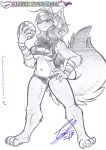  &lt;3 2017 4_toes 5_fingers anthro arm_wraps b._wolf ball breasts canid canine canis carnival_(artist) cleavage_cutout clothing dipstick_tail female fur hand_on_hip holding_ball holding_object mammal medium_breasts multicolored_tail navel signature simple_background smile solo standing toes traditional_media_(artwork) url volleyball_(ball) white_background wolf wraps 