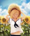  1boy ^_^ arms_up blonde_hair blue_sky closed_eyes cloud flower hat highres male_focus midriff navel open_mouth pinkiepies2 sailor_collar sky smile straw_hat sunflower yuri!!!_on_ice yuri_plisetsky 
