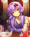  1girl ahoge alternate_costume bare_shoulders bug_(artist) crescent_necklace cup dress drinking_glass hair_ornament holding holding_cup long_hair looking_at_viewer purple_dress purple_eyes purple_hair red_wine smile solo twintails voiceroid wine_glass yuzuki_yukari 