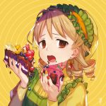  1girl :o banana_slice blouse blueberry brown_eyes brown_hair cake chocolate_cake cupcake earrings fingernails food food_on_face frilled_hairband frills fruit hairband holding holding_food idolmaster idolmaster_cinderella_girls jewelry looking_at_viewer morikubo_nono multicolored multicolored_nails nail_polish okeno_kamoku open_mouth orange orange_hairband raised_eyebrows ringlets short_hair solo strawberry upper_body yellow_background yellow_blouse 