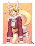  1girl animal_ears blonde_hair fire_emblem fire_emblem_if fox_ears fox_girl fox_tail fur_collar japanese_clothes kinu_(fire_emblem_if) kneeling looking_at_viewer rere_(yusuke) sandals slit_pupils smile solo tail yellow_eyes 