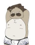  2019 absurd_res anthro belly brown_fur bulge canid canine clothing ekubo fur hi_res humanoid_hands male mammal moobs navel nipples overweight overweight_male raccoon_dog simple_background solo tanuki underwear white_background 