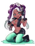  1girl :d aqua_eyes aqua_hair aqua_legwear aqua_skin black_footwear black_gloves black_shorts boots breasts crop_top dark_skin fingerless_gloves full_body furrowed_eyebrows gloves gradient_hair groin headphones highres horizontal_pupils iida_(splatoon) kneeling legwear_under_shorts long_hair medium_breasts mole mole_under_mouth multicolored multicolored_hair multicolored_skin navel_piercing octarian open_mouth paint pantyhose piercing pink_pupils purple_hair shorts simple_background sleeveless smile solo splatoon_(series) splatoon_2 suction_cups teeth tentacle_hair twitter_username two-tone_hair two-tone_skin unzipped white_background yui_(yuyu_ayame) zipper zipper_pull_tab 