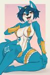  2019 anthro blue_fur blue_hair bra breasts canid canine clothing condom delki female front_view fur green_eyes hair krystal looking_at_viewer mammal markings nintendo panties saliva seductive simple_background sitting smile solo star_fox tongue underwear video_games white_background 