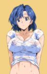  1girl arm_behind_back blue_eyes blue_hair breasts closed_mouth collarbone eyebrows_visible_through_hair highres navel nipples sakura_naomiki see-through shirt short_hair simple_background solo super_real_mahjong wet wet_clothes wet_shirt yellow_background 