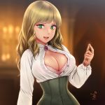  1girl blonde_hair bra breasts cleavage cleavage_cutout green_eyes green_hair highres horiishi_horuto large_breasts looking_at_viewer original puffy_sleeves signature smile underwear 