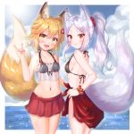  2girls adapted_costume animal_ear_fluff animal_ears arm_up bikini bikini_top black_bikini black_bikini_top blush breasts brown_eyes brown_hair camisole cloud cocoasabure commentary_request eyebrows facial_mark fang forehead fox_ears fox_shadow_puppet fox_tail groin hakama_skirt hand_on_hip highres long_hair miniskirt multiple_girls navel ocean open_mouth outdoors ponytail red_eyes red_sarong red_skirt sarong scrunchie see-through senko_(sewayaki_kitsune_no_senko-san) sewayaki_kitsune_no_senko-san shiro_(sewayaki_kitsune_no_senko-san) short_hair sideboob silver_hair skirt sky small_breasts smile swimsuit tail wrist_scrunchie 