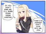  1girl blonde_hair braid coffee_cup cup daenerys_targaryen disposable_cup drinking_straw english_text french_braid game_of_thrones highres hinghoi long_hair pout purple_eyes speech_bubble starbucks yandere 