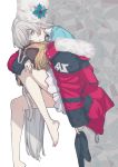  1girl anastasia_(fate/grand_order) bangs barefoot black_legwear blue_eyes blue_sweater brown_hair commentary_request crown eyebrows_visible_through_hair fate/grand_order fate_(series) fingernails fur-trimmed_jacket fur_hat fur_trim grey_hair hair_between_eyes hat jacket knee_up long_hair long_sleeves looking_at_viewer looking_to_the_side mini_crown niu_illuminator off_shoulder open_clothes open_jacket parted_lips pleated_skirt red_jacket sitting skirt sleeves_past_wrists solo sweater thighhighs thighhighs_removed very_long_hair white_background white_headwear white_skirt 