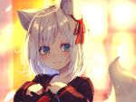  animal_ears blush breast_hold chita_(ketchup) close cropped foxgirl green_eyes original ribbons seifuku short_hair tail white_hair 