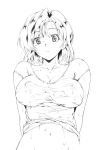  1girl arm_behind_back breasts closed_mouth collarbone eyebrows_visible_through_hair greyscale highres monochrome navel nipples sakura_naomiki see-through shirt short_hair simple_background solo super_real_mahjong wet wet_clothes wet_shirt white_background 