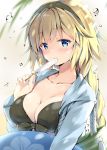  1girl bikini bikini_top black_bikini black_hairband blonde_hair blue_eyes blurry blurry_background blush braid breasts cleavage commentary_request depth_of_field eating fate/grand_order fate_(series) food food_in_mouth hairband holding holding_food innertube jeanne_d&#039;arc_(fate)_(all) jeanne_d&#039;arc_(swimsuit_archer) long_hair looking_at_viewer medium_breasts natsume_eri popsicle single_braid solo swimsuit upper_body water_drop 