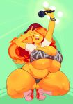  adventure_time big_breasts breasts bulumble-bee cartoon_network clothing elemental fire_elemental flame_princess footwear gesture green_background hair hair_over_eye hat headgear headwear huge_breasts humanoid microphone not_furry orange_body orange_hair orange_skin shoes simple_background slightly_chubby thick_thighs v_sign 
