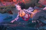  1girl air_bubble animal_ears animal_print black_hair breasts bubble coelacanth collarbone commentary_request cow_ears cow_horns cow_print cow_tail crop_top eel feet_out_of_frame fish forehead frills haori horns japanese_clothes large_breasts light_rays loch_ness_monster long_sleeves looking_at_viewer midriff multicolored_hair parted_lips pointing red_eyes roke_(taikodon) sharp_teeth short_hair silver_hair skirt solo sports_bra swimming tail teeth touhou two-tone_hair underwater ushizaki_urumi wide_sleeves yellow_skirt 