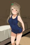  a1 blush brown_hair indoors long_hair looking_at_viewer love_live! love_live!_school_idol_project minami_kotori one_side_up school_swimsuit swimsuit yellow_eyes 