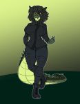  alligator alligatorid anthro boots clothed clothing crocodilian curvaceous female footwear hair looking_at_viewer reptile scalie simple_background solo standing tanks_(artist) 