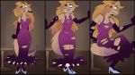  16:9 2018 anthro b._wolf canid canine canis clenched_teeth clothed clothing dipstick_tail dress dress_gloves eyebrows feathersofsin female footwear fur gloves growth hair hair_over_eye high_heels inside jewelry long_hair looking_down mammal multicolored_tail necklace open_mouth pink_nose purple_clothing purple_dress raised_inner_eyebrows sequence shoes size_transformation solo standing table tan_fur teeth torn_clothing wolf worried 