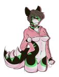  absurd_res anthro black_fur blush bottomless breasts brown_hair canid canine canis clothed clothing collar digital_media_(artwork) dragon female fur hair hi_res hoodie hybrid looking_at_viewer mammal meme pose smile solo spikes standing twitter_hoodie under_boob white_fur wolf 