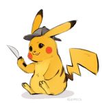  2019 3_toes back_markings black_nose brown_eyes clothing colored_sketch deerstalker_hat detective_pikachu dipstick_ears eenocs fur hat headgear headwear holding_knife holding_object knife markings multicolored_ears nintendo open_mouth open_smile pikachu pok&eacute;mon pok&eacute;mon_(species) pok&eacute;mon_detective_pikachu red_cheeks simple_background sitting smile solo toes video_games white_background yellow_fur 