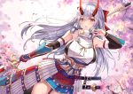 1girl armor bangs blush breasts cenangam cherry_blossoms detached_sleeves fate/grand_order fate_(series) hair_between_eyes hip_vent horns japanese_armor japanese_clothes katana kimono large_breasts long_hair looking_at_viewer oni_horns open_mouth polearm red_eyes silver_hair solo sword thighs tomoe_gozen_(fate/grand_order) very_long_hair weapon white_kimono 