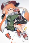  1girl absurdres anklet artist_name autobomb_(splatoon) bags_under_eyes bandaid bangs baseball_cap black_shorts blaster_(splatoon) blunt_bangs cellphone coat commentary cross-laced_footwear domino_mask ear_clip eyebrows_visible_through_hair green_coat grin gym_shorts hat highres holding holding_weapon hooded_coat inkling inkling_(language) jewelry looking_at_viewer lying mask off_shoulder on_side open_clothes open_coat orange_eyes orange_hair phone pointy_ears red_footwear shirt shoes short_shorts shorts signature smile sneakers socks solo splatoon_(series) splatoon_2 surgical_mask tentacle_hair thigh_strap unitoon untied_shoes weapon white_legwear white_shirt 