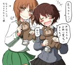  2girls akaboshi_koume bandages bandaid bangs boko_(girls_und_panzer) brown_eyes brown_hair girls_und_panzer holding holding_stuffed_animal long_sleeves multiple_girls nishizumi_miho noumen ooarai_school_uniform open_mouth school_uniform short_hair smile stuffed_animal stuffed_toy teddy_bear translation_request 