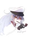  1girl commentary_request facial_scar gangut_(kantai_collection) hat highres kantai_collection looking_at_viewer megu_usagi military_hat military_jacket pipe_in_mouth scar scar_on_cheek silver_hair twitter_username white_background yellow_eyes 