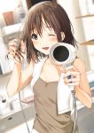  1girl ;d bangs bathroom blurry blurry_background blush bottle breasts brown_eyes brown_hair cleavage collarbone commentary_request dutch_angle eyebrows_visible_through_hair fingernails hair_between_eyes hair_dryer highres holding holding_hair indoors kukiha looking_at_viewer medium_hair one_eye_closed open_mouth original shirt sink small_breasts smile soap solo teeth towel towel_around_neck upper_body wet wet_hair white_towel 