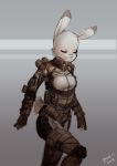  2019 anthro armor cheek_tuft clothed clothing dipstick_ears eyes_closed female gloves grey_background lagomorph leporid mammal multicolored_ears panzery25 rabbit signature simple_background solo tuft walking 