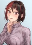  1girl bangs black_hair blue_background bob_cut brown_eyes commentary hair_strand hand_on_own_chin highres kilye_4421 light_smile looking_at_viewer multicolored_hair original purple_shirt red_hair ribbed_sweater shirt short_hair simple_background solo sweater tsurime turtleneck upper_body 