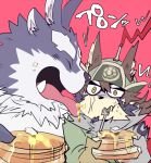  3_eyes anthro canid canine canis clothing eating food hat headgear headwear japanese_text licking male male/male mammal multi_ear multi_eye ohayashi55 pancake temujin text tokyo_afterschool_summoners tongue tongue_out tsathoggua tusks video_games wolf 