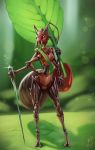  2019 4_arms ant antennae_(anatomy) arthropod arthropod_abdomen female hand_on_hip holding_object hymenopteran insect leaf lens_flare mandibles mostly_nude multi_arm multi_limb neck_ring needle outside red_eyes sash shield signature simple_background solo standing w4g4 